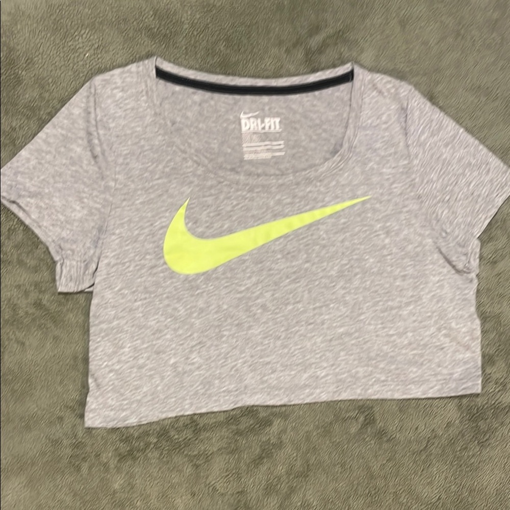 NIKE Women’s Short/Crop Tshirt- size Medium - Gray with Lime Green Swoosh